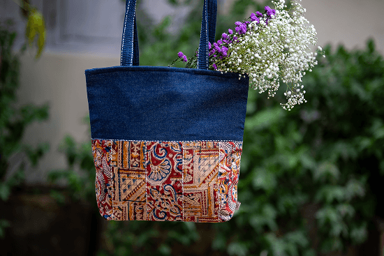 Bhumija Urban Essential Tote with Upcycled Denim and Kalamkari