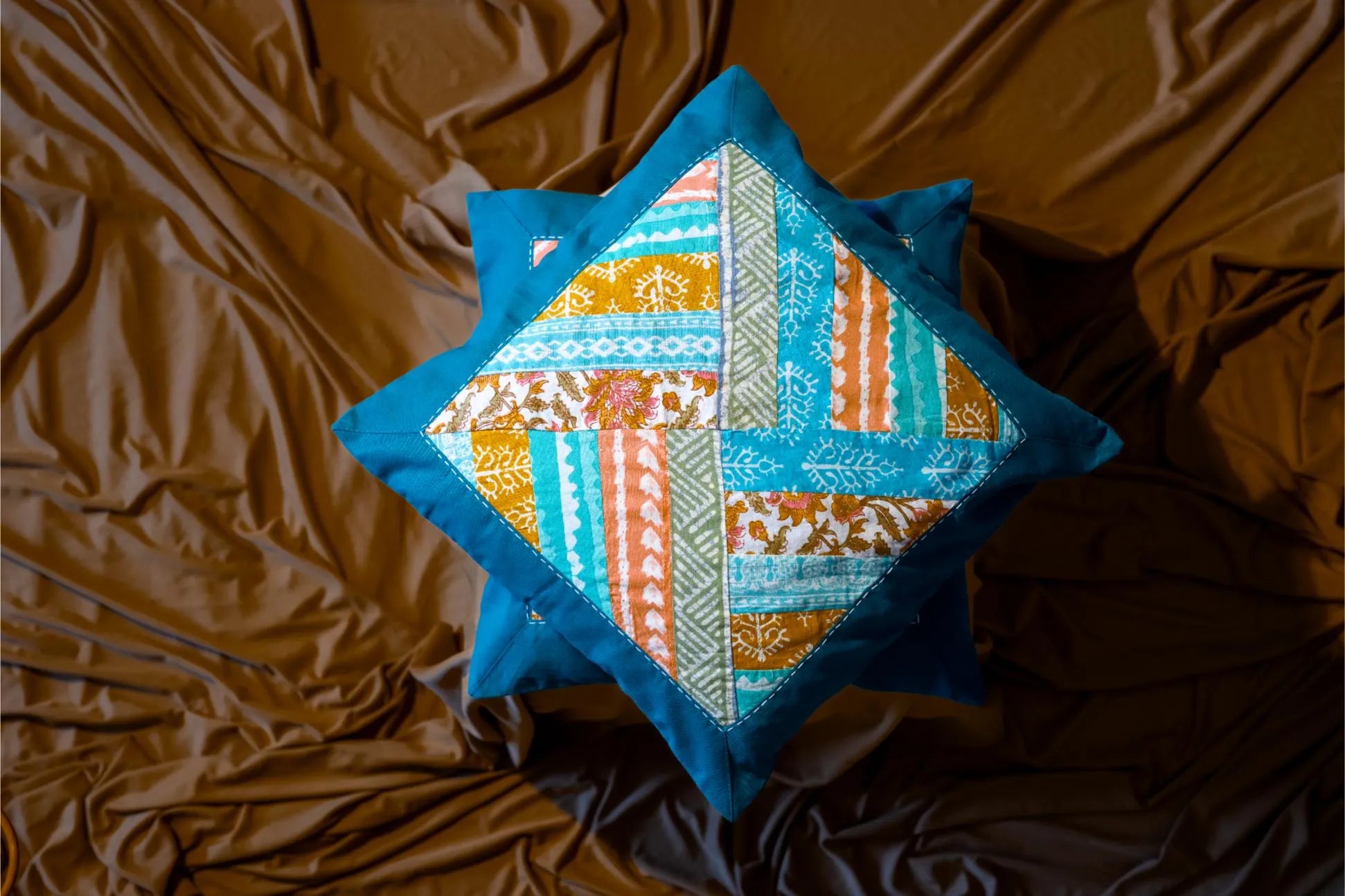Earth Story - Cushion Cover - Patchwork Teal Blue